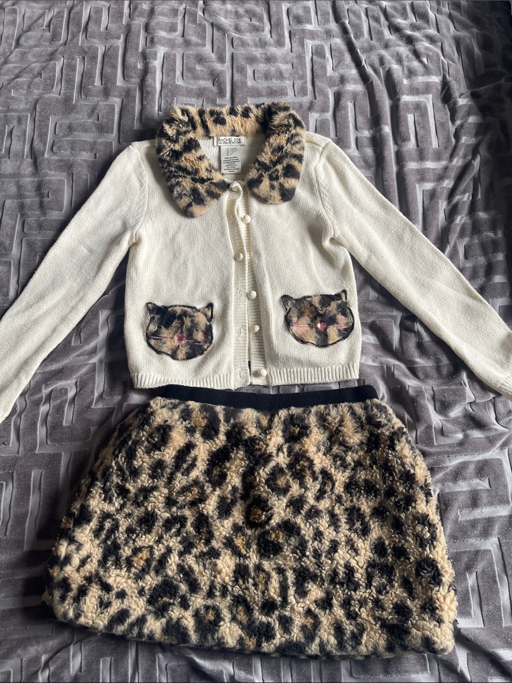 Rachel Zoe Cream and Brown Leopard Faux Fur Trim Cardigan Set